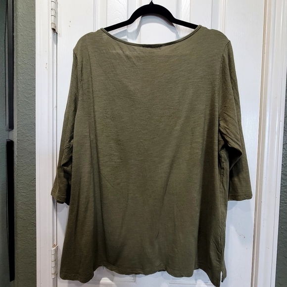 WESTPORT 2X Cotton Blend Olive Green Boho 3/4 Sleeve Embroidered Tassle V Neck - Picture 2 of 6
